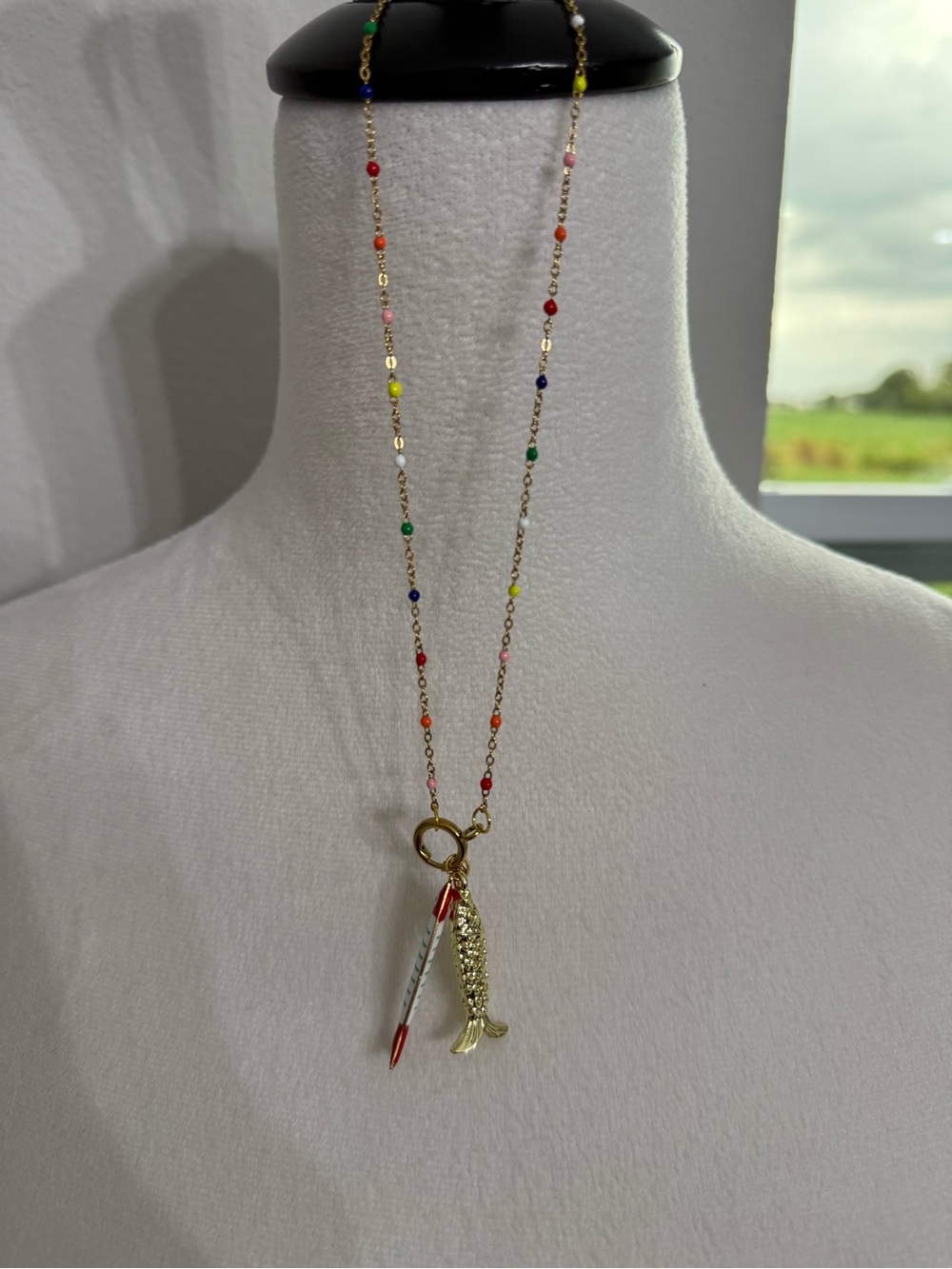 Amazon Gold Fish Charm Necklace with Multicolor Beaded Chain
